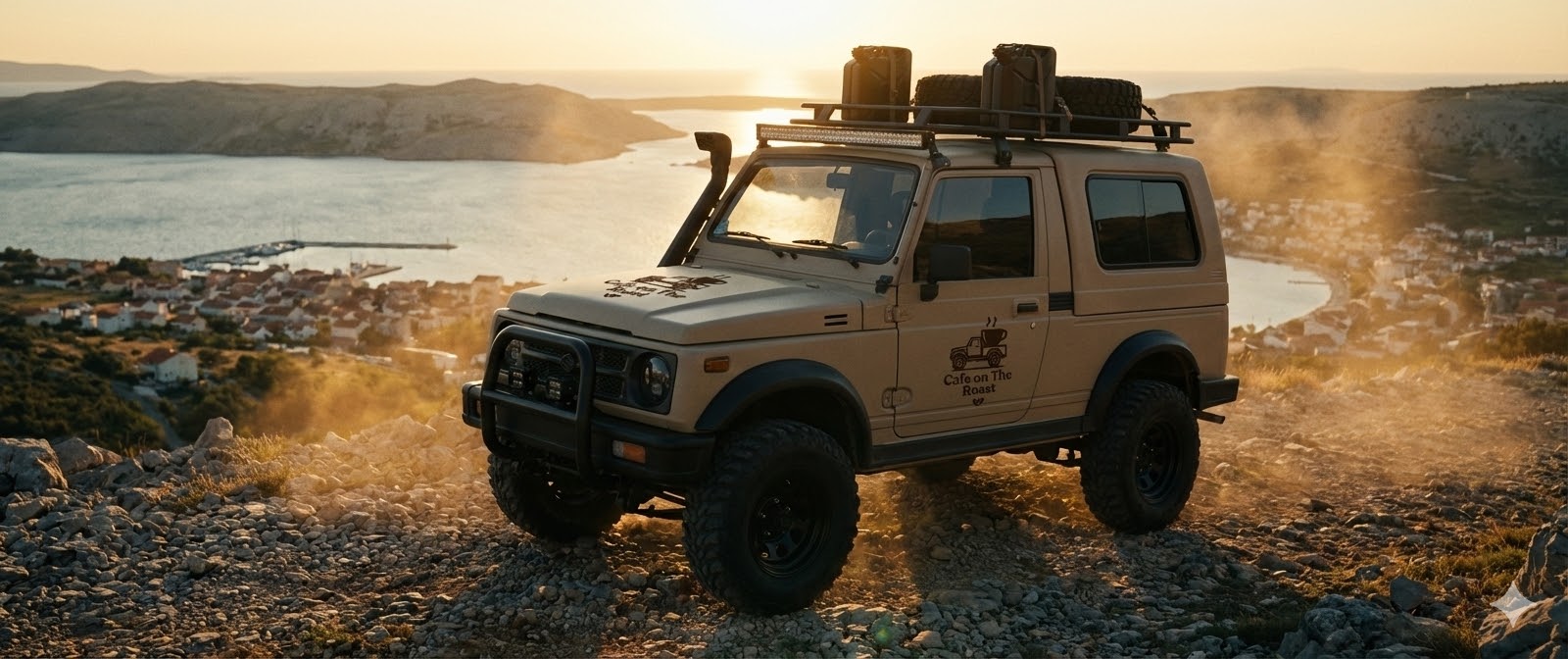 Cafe on the Roast 1987 Suzuki Samurai mobile coffee bar on Pag Island, Croatia at golden hour