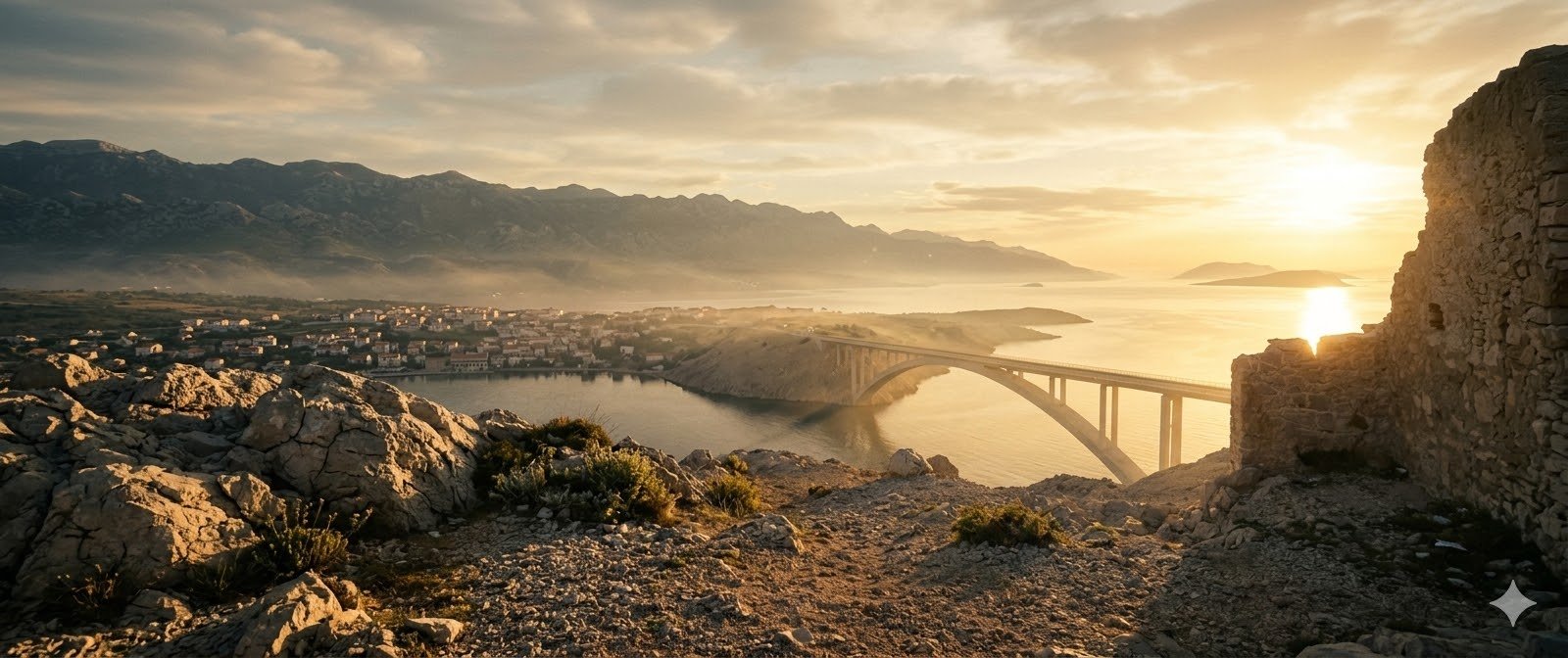 Pag Island bridge and limestone karst landscape at golden hour, Dalmatian coast, Croatia