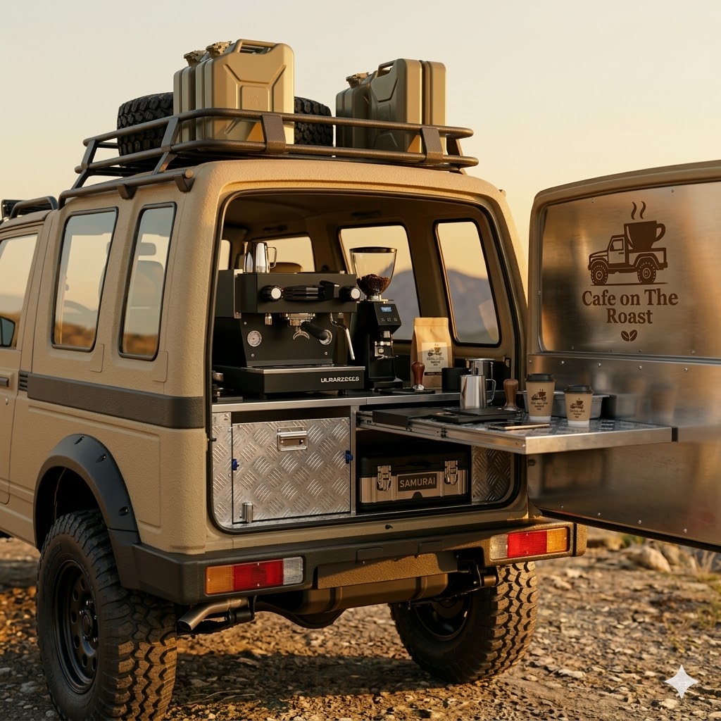 Interior of the Cafe on the Roast Suzuki Samurai showing the La Marzocco Linea Mini R espresso machine setup