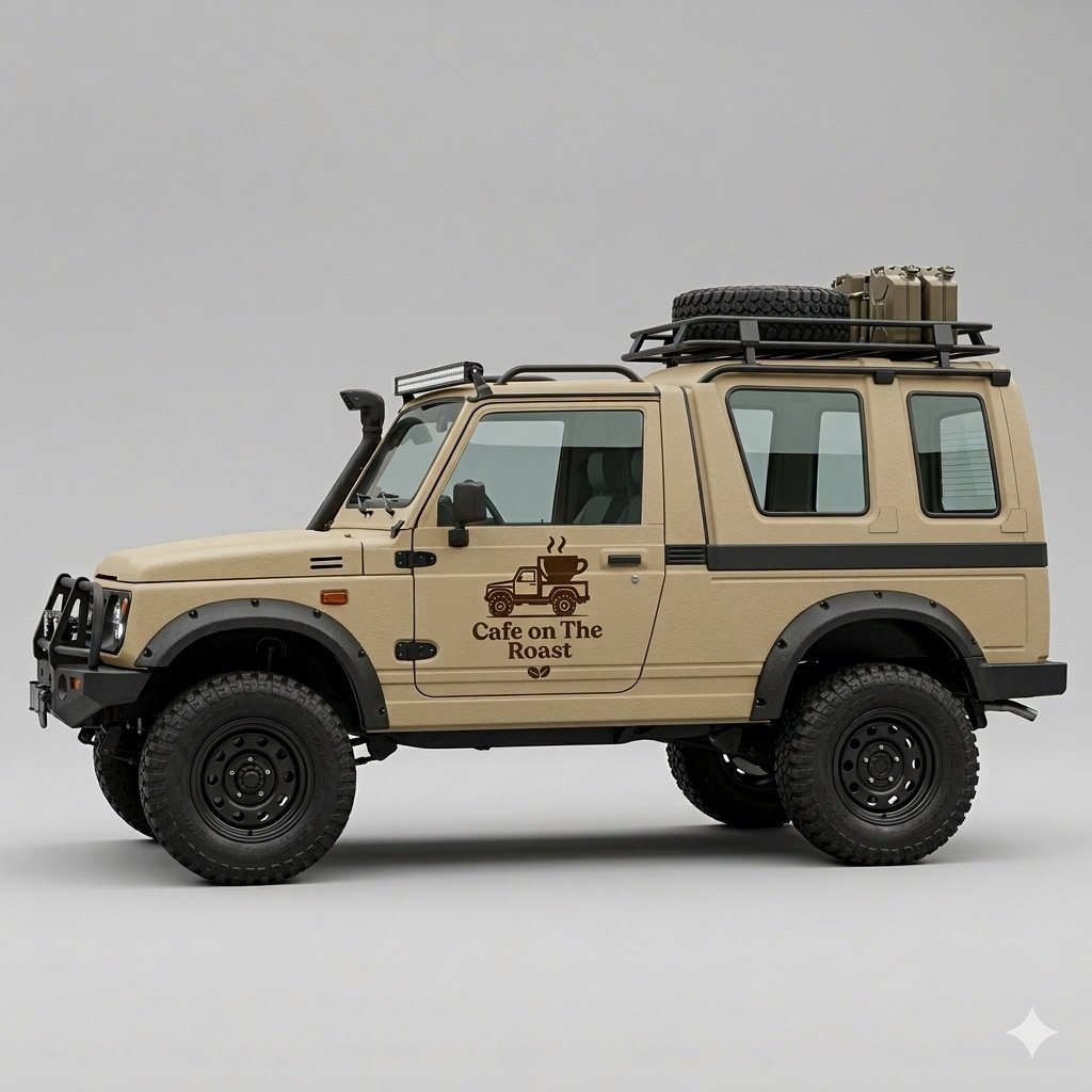 Cafe on the Roast 1987 Suzuki SJ413 Samurai converted into a mobile specialty coffee bar, side profile view